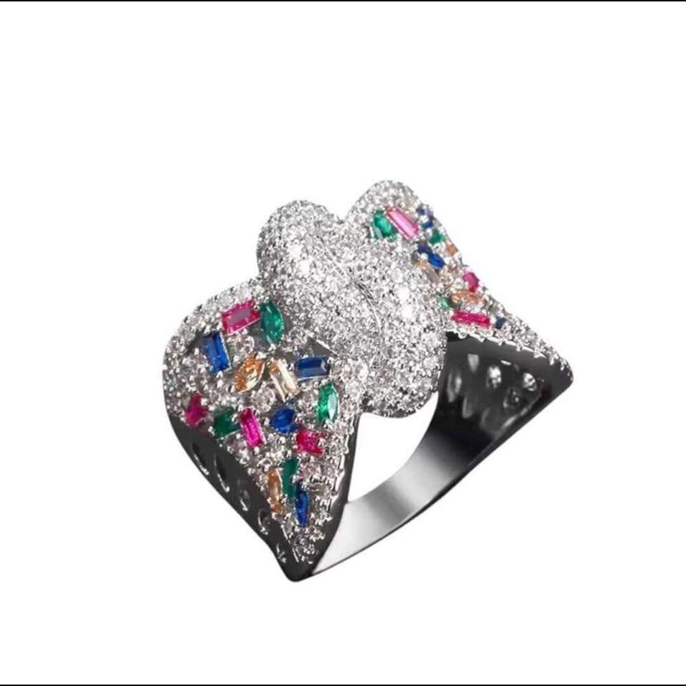Size 7 New Silver Tone with Multicolor Stones Bow Ring